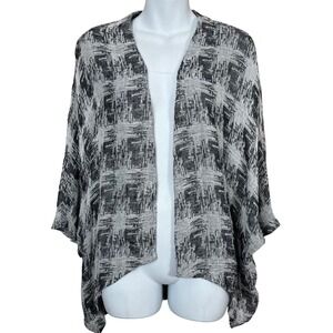 Yushi Gray Black Abstract Linen Blend‎ Lagenlook Lightweight Cardigan Size M